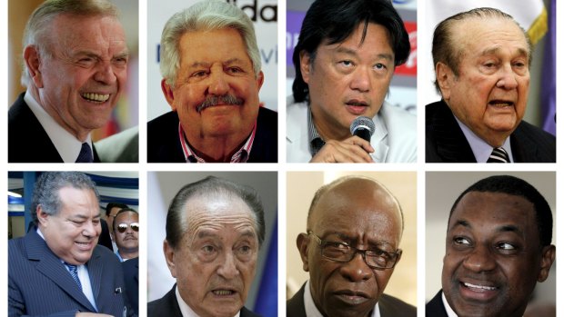 A combination photo shows eight of the nine football officials indicted for corruption charges. From L-R: (top row) then President of the Brazilian Football Confederation Jose Maria Marin, President of the Venezuelan Football Federation Rafael Esquivel, President of Costa Rica's Football Federation Eduardo Li, then President of South American Football Confederation CONMEBOL Nicolas Leoz, (bottom row) then President of the Nicaraguan Football Federation Julio Rocha, then Acting President of CONMEBOL Eugenio Figueredo, then FIFA Executive member Jack Warner, and President of Confederation of North, Central America and Caribbean Association Football CONCACAF Jeffery Webb.