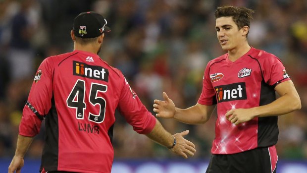 In form: Sean Abbott celebrates taking a wicket against the Stars.