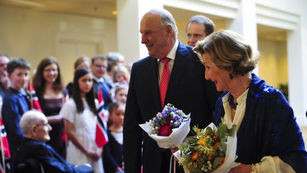 Their Majesties King Harald V and Queen Sonja of Norway arrive at the Hyatt Hotel.