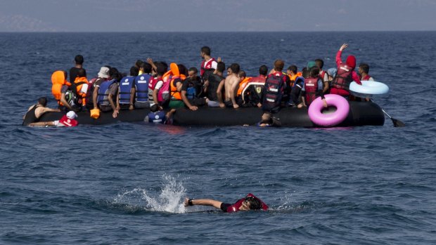 Syrian refugees off the Greek island of Lesbos.