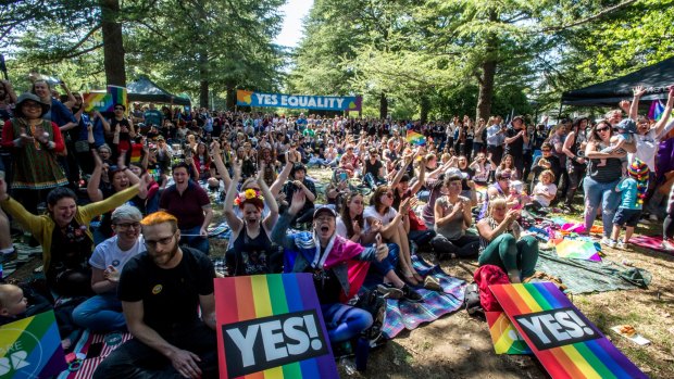 Canberrans react to the 'yes' vote in Haig Park on Wednesday.