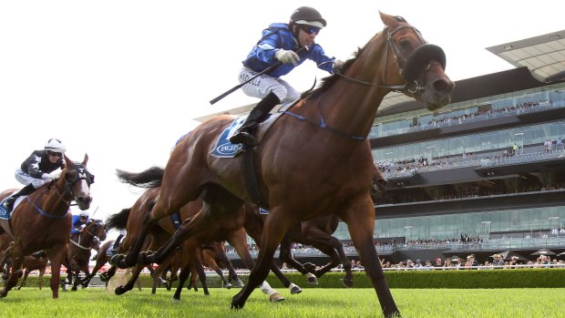 Round of applause: Brenton Avdulla wins the Villiers Stakes at Randwick on Happy Clapper.