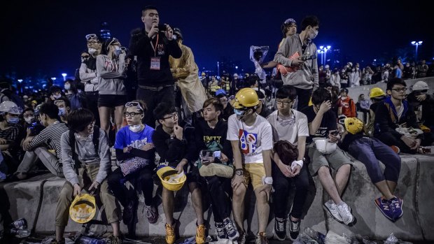 Taking a break: Pro-democracy protesters in the Admiralty district of Hong Kong. 