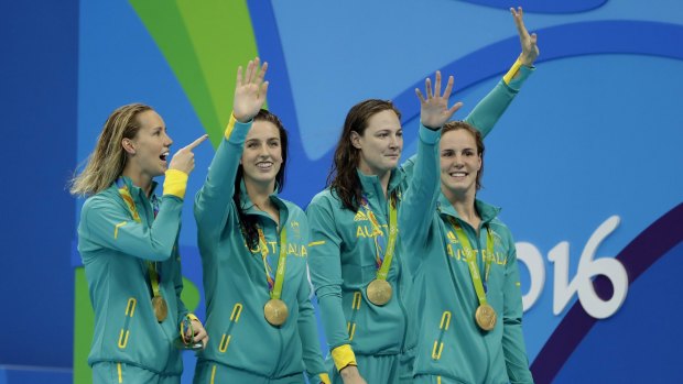 From left: Australia's Emma McKeon, Brittany Elmslie, Cate Campbell and Bronte Campbell.