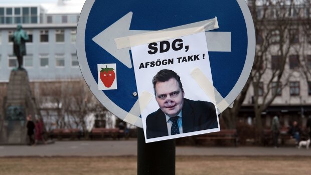 A sign mocks Iceland prime minister Sigmundur David Gunnlaugsson, who was forced to resign as a result of the leaked Panama Papers.