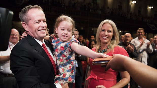 Federal Opposition Leader Bill Shorten with his family at the NSW Labor Conference at Sydney's Town Hall on Saturday. 