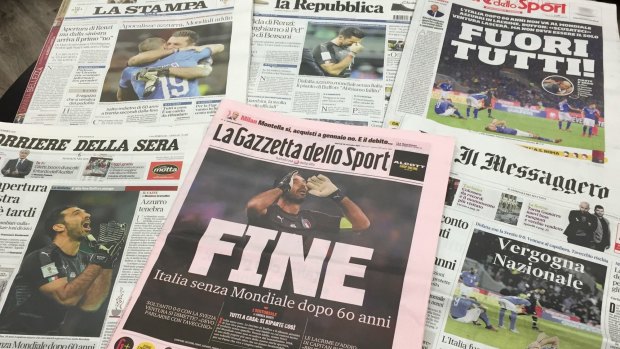 Italian newspapers headline Italy's failure to qualify for the World Cup a day after a scoreless draw between Italy and Sweden.