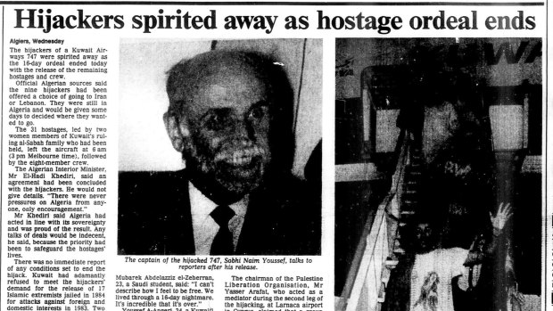 Tear out from The Age, April 21, 1988. The hijackers escape as the hostage crisis ends.