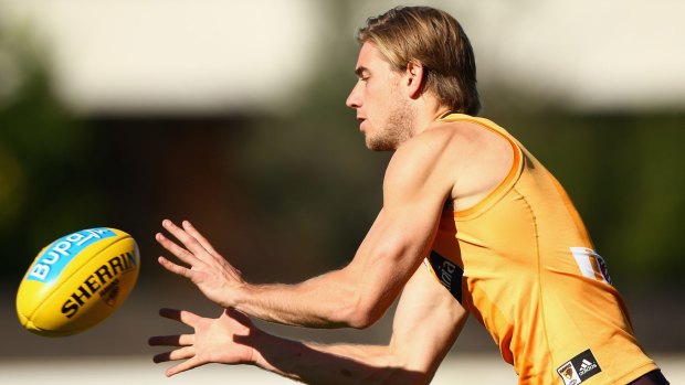 Back: Hawthorn's Ryan Schoenmakers in action at training.