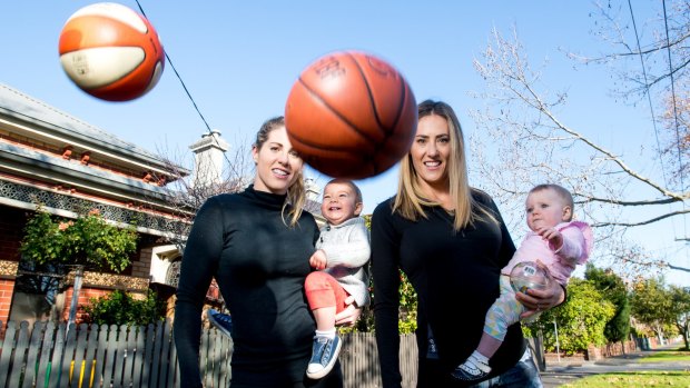 Balls in the air: Basketballer Kathleen Macleod with son Jaxon, and netballer Elissa Kent with daughter Frances.