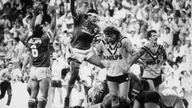 Hail Mary play: The Raiders celebrate the try by John Ferguson that sent the 1989 grand final into extra time.