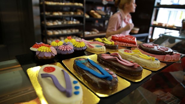 Fancy cakes in a bakery.