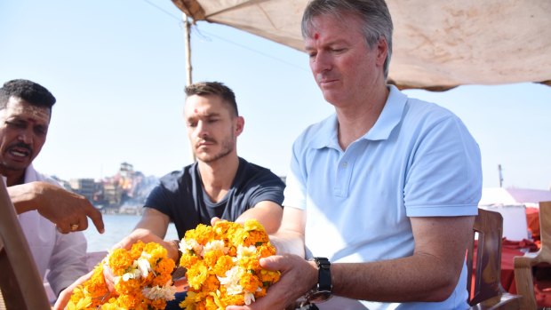 Steve Waugh, right, and Dean Honan at the ceremony on the Ganges.