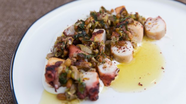 Charred octopus, pistachio and green olive salsa and labna.