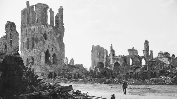 The ruins of the medieval Cloth Hall in Ypres in September 1917.