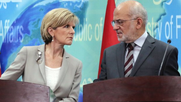Allies: Foreign Minister Julie Bishop and her Iraqi counterpart, Ibrahim al-Jaafari confer at a news conference in Baghdad.