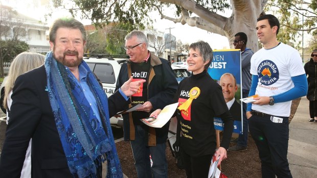 Derryn Hinch at Albert Park Primary School on election day. 