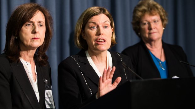 Dr Kerry Chant (centre) at a press conference earlier this month to deliver the interim report.