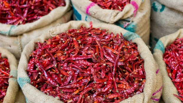 Red chillies on sale at Khari Baoli spice and dried foods market.
 