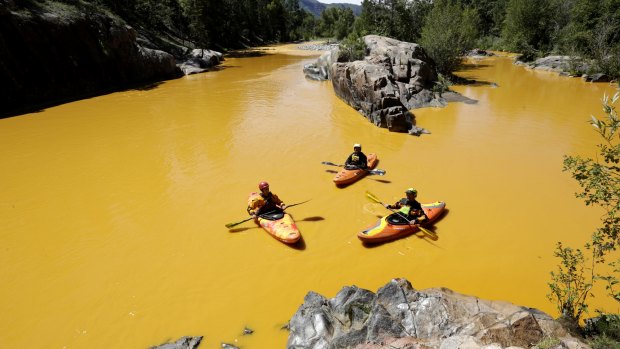 People kayak in the Animas River near Durango, Colorado, in water coloured yellow from a mine waste spill.