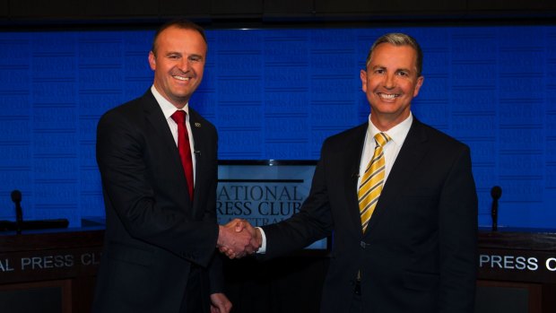 ACT Chief Minister Andrew Barr and then opposition leader Jeremy Hanson debate during last year's election campaign. Both initially rejected the need for an anti-corruption body, but later reversed their views.
