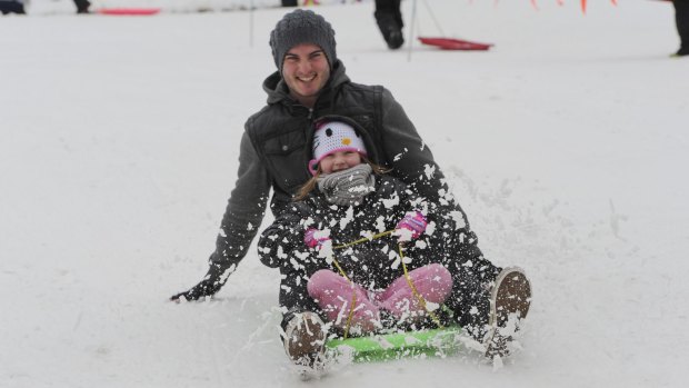 Wollongong's Steven Megson and daughter Khloe, 6, on the toboggan run at Corin Forest Mountain Resort.