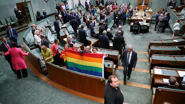 Celebrations: After the vote on the Marriage Amendment Bill at Parliament House.