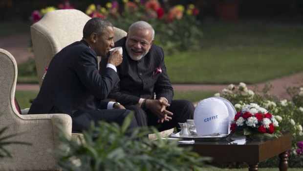 US President Barack Obama, left, and Indian Prime Minister Narendra Modi in the gardens of the Hyderabad House in New Delhi.