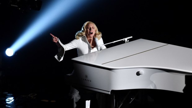 Singer-songwriter Lady Gaga performing <i>Til It Happens To You.</i> 