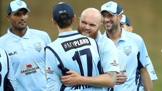 Resilient: Doug Bollinger celebrates the wicket of Tim Ludeman in NSW's Matador Cup clash with South Australia.