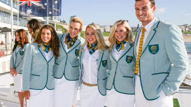Sportscraft and our Rio bound athletes unveil the 2016 Australian Olympic team Opening Ceremony uniform at Bondi Icebergs on Wednesday.