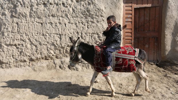 An Afghan boy rides a donkey on the outskirts of Kabul on Sunday. 