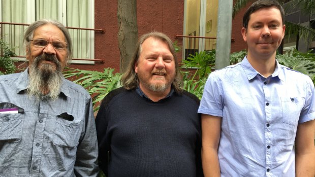 Study author and tradtional owner Clifford Coulthard (left) with lead author Giles Hamm and Lee Arnold (right).