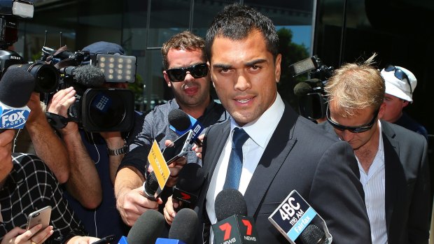 Court out: Karmichael Hunt leaves Southport Magistrates Court in March.
