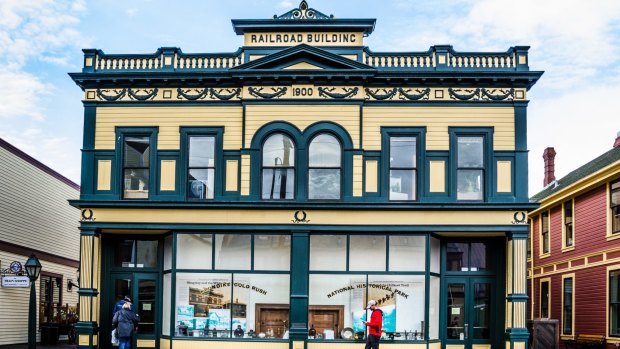 The Railroad Building in Skagway, Alaska, is one of many historic storefronts in a town attracting hundreds of gold prospectors arriving every day by steamer from Seattle. 