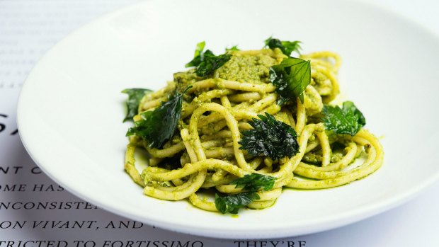 Spaghettoni in a stinging nettle puree is lush and mossy.