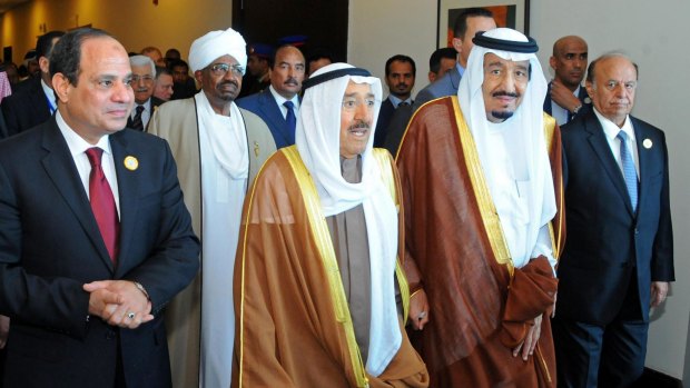 New alliance: From left, Egyptian President Abdel-Fattah al-Sisi, Sudanese President Omar Hassan al-Bashir, Kuwait's Emir Sheikh Sabah al-Ahmad al-Jaber al-Sabah, Saudi Arabia's King Salman and Yemeni President Abed Rabbo Mansour Hadi at a summit meeting in Egypt in March.