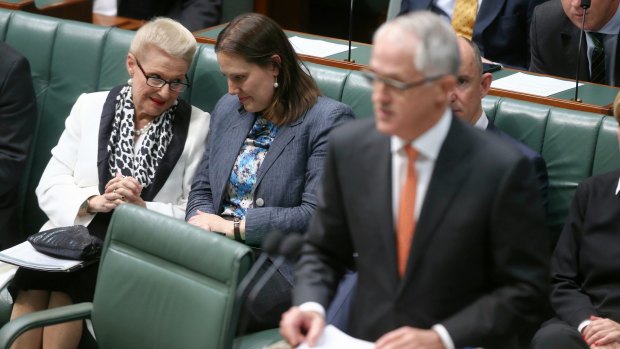Former speaker Bronwyn Bishop speaks with Kelly O'Dwyer during PM's ministerial statement on national security last month. 