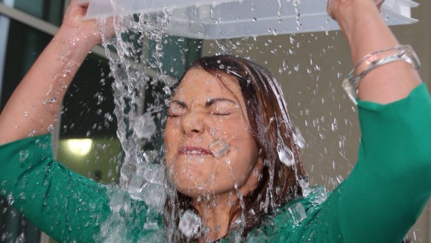 Greens Senator Sarah Hanson-Young completes the ice bucket challenge outside Parliament House in Canberra in August 2014.