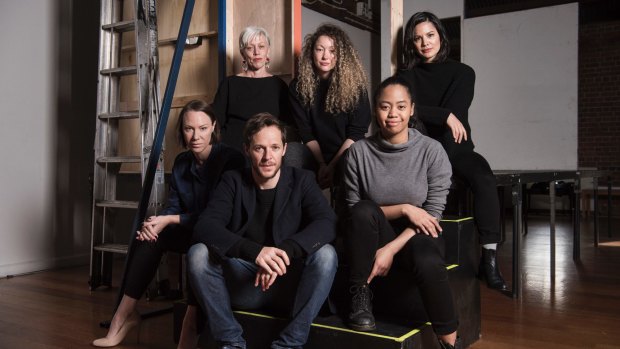 The cast and director of Revolt. She Said. Revolt Again. (Front, left to right) Belinda McClory, Gareth Reeves and Elizabeth Esguerra, (back, left to right) director Janice Muller, Sophie Ross, Ming-Zhu Hii.