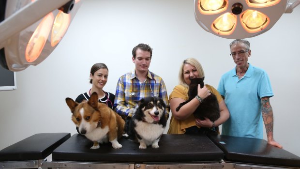 From left: Dr Gianna Zuch, Dr Sam Kovac, Diana Sumbati and Mark Thomson with his cat Hocus.