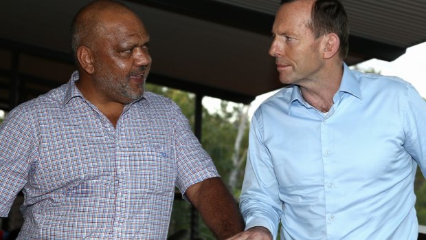 Tony Abbott meets with Noel Pearson during his visit to North-East Arnhem Land in 2014.