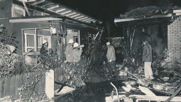 The aircraft dropped onto tram power lines and crashed into the gable of the Gulles' house at 55 Matthews Avenue [on right]. 