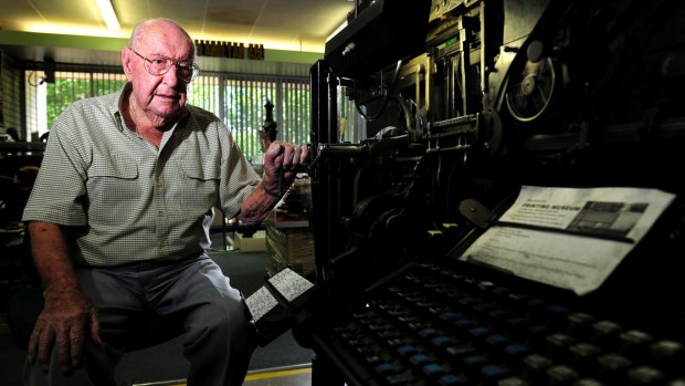 Jim Woods in 2012, aged 99, at his Museum of Printing in Queanbeyan.