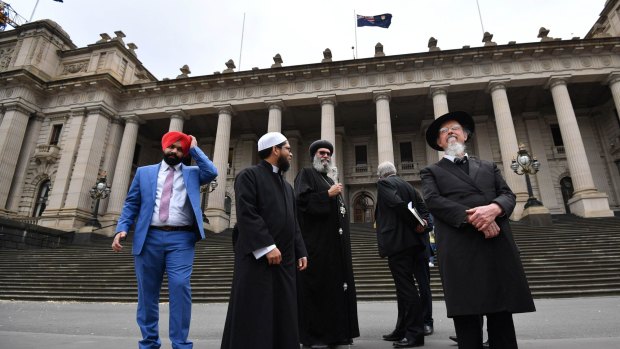 Representatives of the Buddhist, Christian, Hindu, Jewish, Muslim, and Sikh communities deliver a statement calling for the rejection of the Voluntary Assisted Dying Bill.