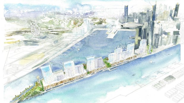 An artists impression of the proposed Collins Wharf development flanked by Victoria Harbour and the Yarra River.