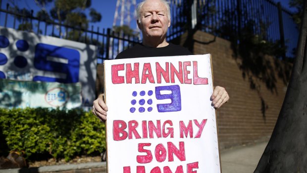 David Whittington, father of Adam Whittington protesting outside the Channel 9 headquarters in Sydney in May.