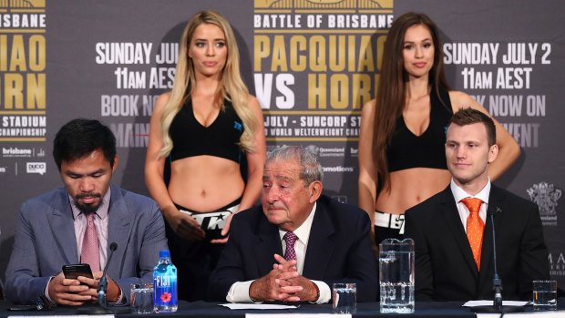 Fuming: Jeff Horn, far right, says the team of Manny Pacquiao, right, has been disrespectful. 