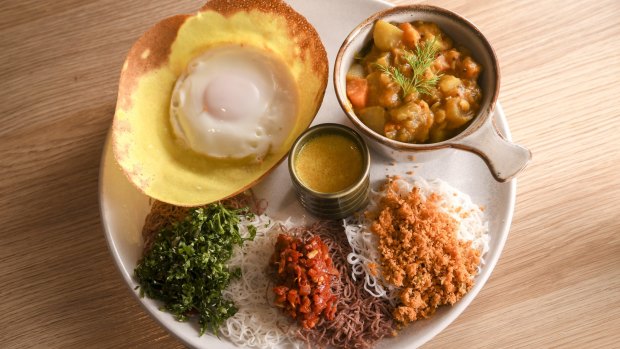Hip Hopper: a brunchy tasting plate featuring a hopper and egg, a curry and condiments.