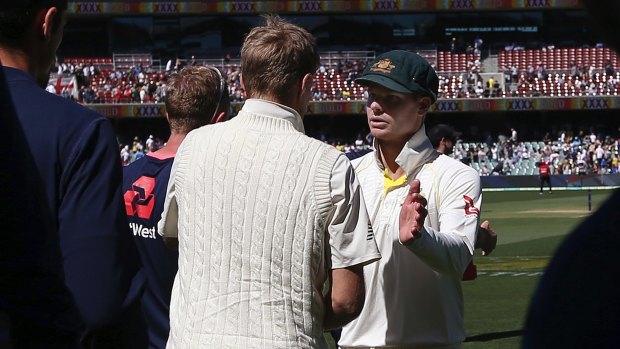 Root shakes hands with Australian skipper Steve Smith after the second Test.